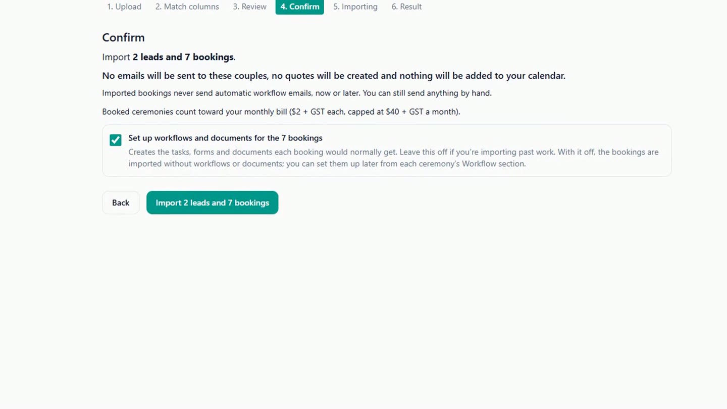 The Confirm step of the import: no emails will be sent to these couples and no quotes will be created, with the box ticked to set up workflows and documents for the bookings, above the Import button.