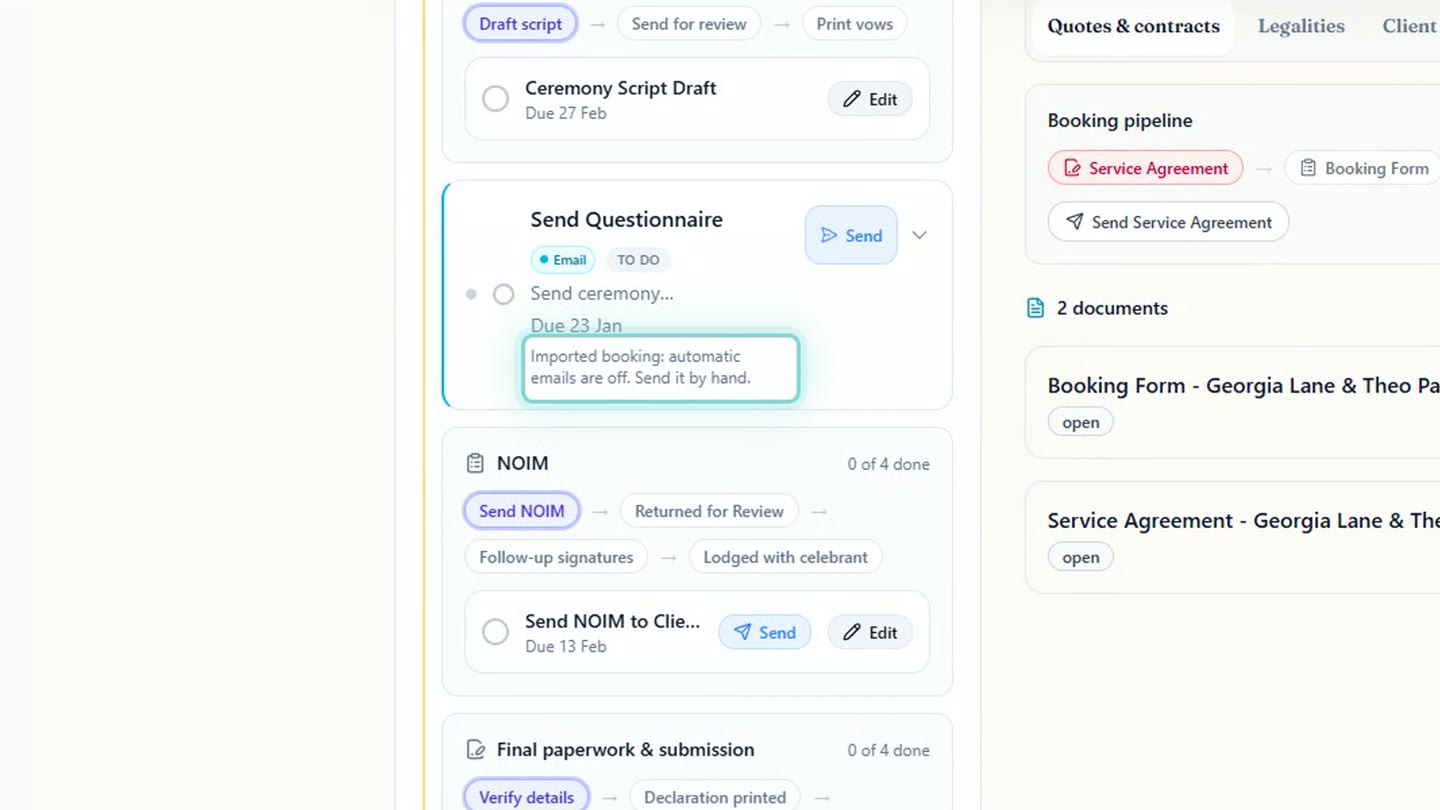 An imported booking's workflow pipeline in Celebrant Central, with Send Questionnaire due on 23 Jan and the note: Imported booking, automatic emails are off, send it by hand.