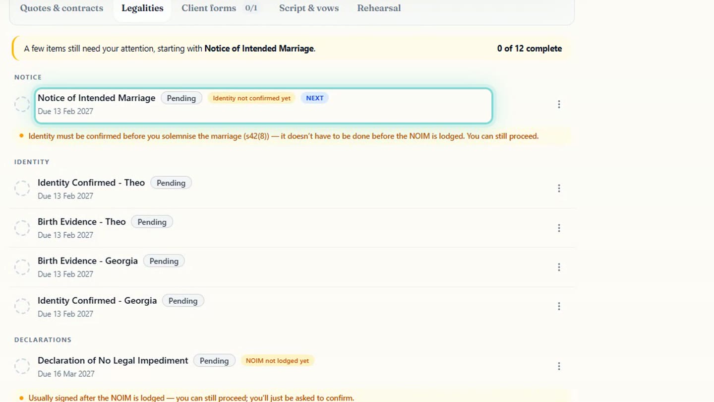 The Legalities tab of an imported wedding, starting with the Notice of Intended Marriage, pending and due 13 Feb 2027, above the identity and birth evidence items, each with a due date.