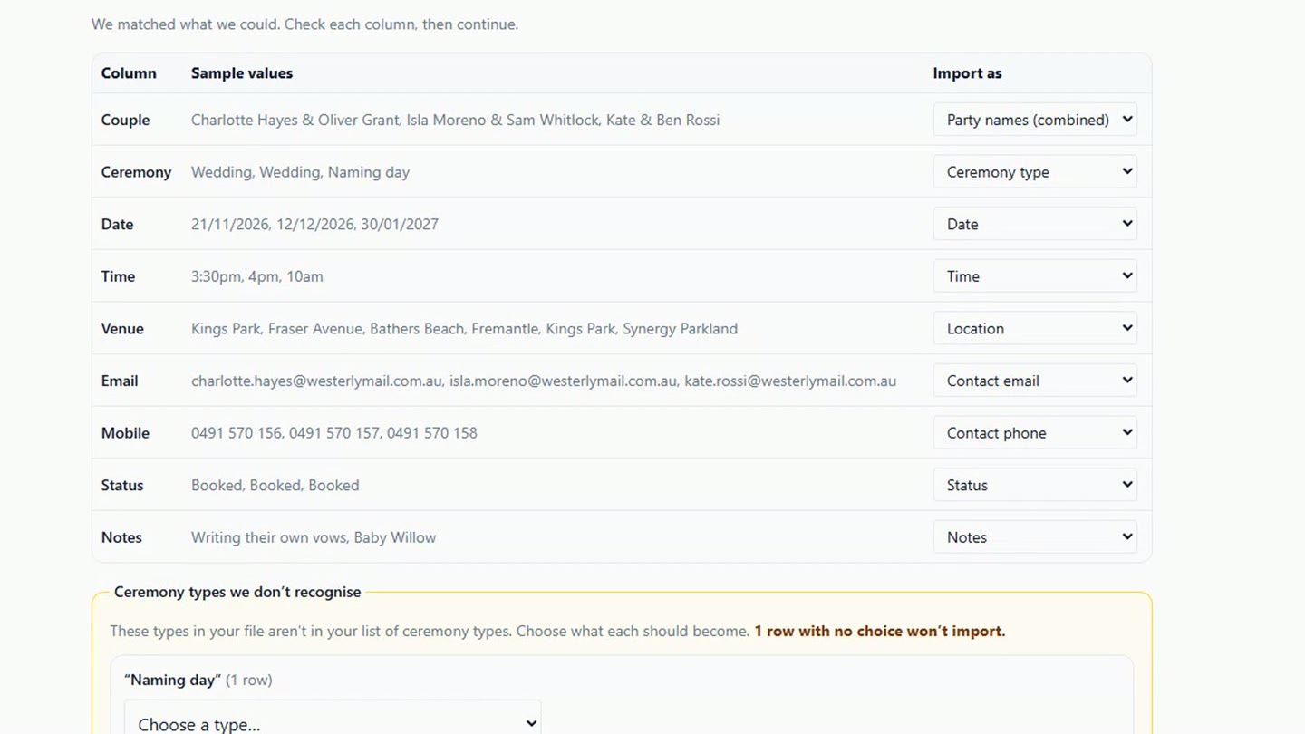 The Match columns step of the import in Celebrant Central: each column of the spreadsheet, from Couple and Ceremony to Status and Notes, shown beside sample values from the file and the field it will be imported as.