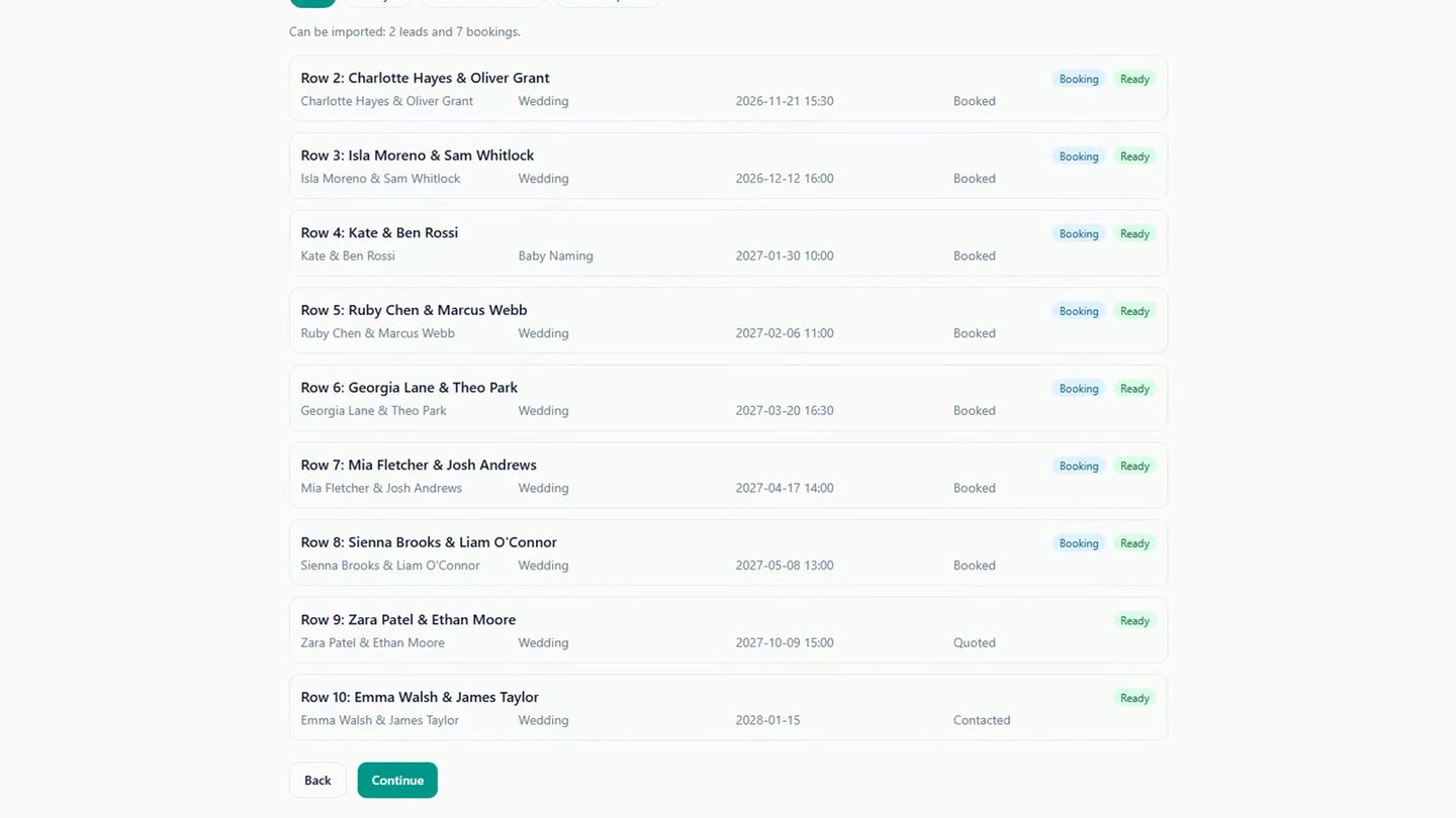 The Review step of the import, listing every row from the spreadsheet with its couple, ceremony type, date and status, each marked as a booking or ready to import, before a single row is saved.