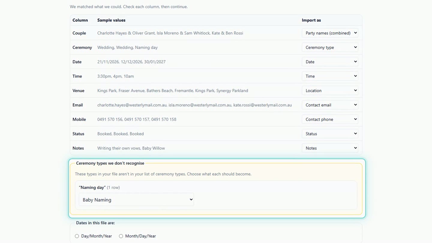 The import's Ceremony types we don't recognise box, with Naming day from the file set to become a Baby Naming, above the choice of Day/Month/Year or Month/Day/Year for the dates in the file.