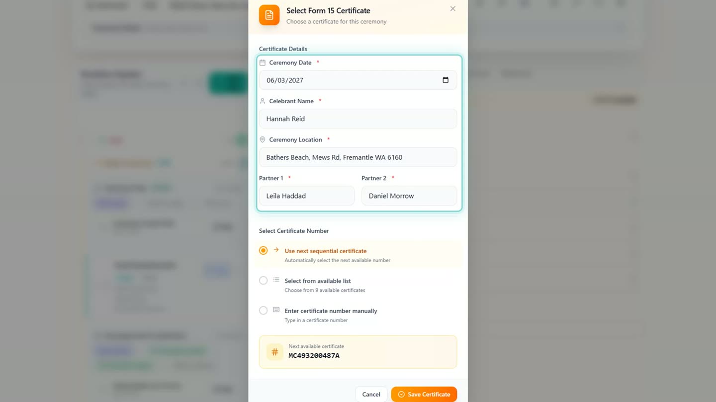 The Select Form 15 Certificate dialog on a ceremony record, prefilled with the ceremony date, celebrant name, location and both partners.