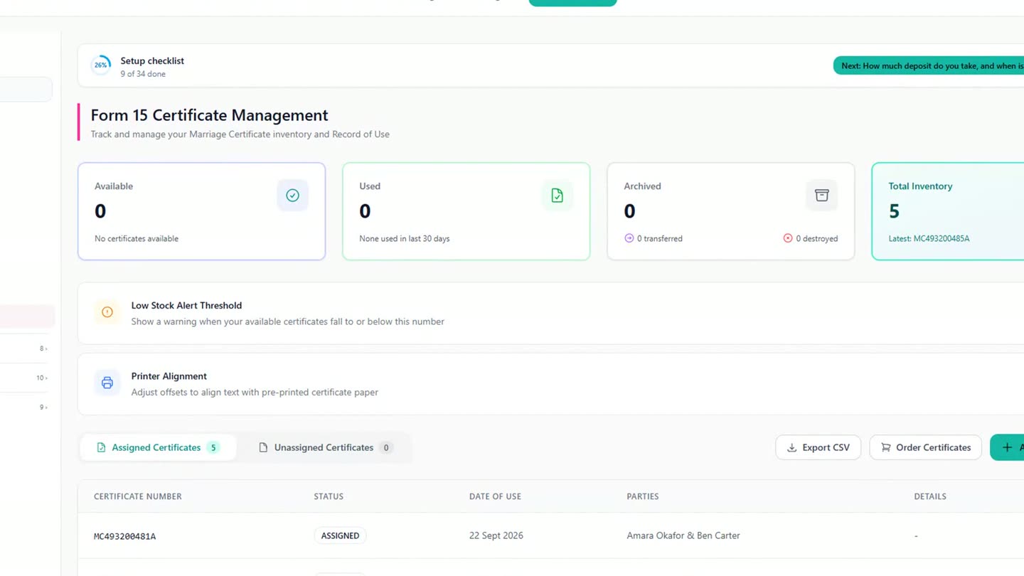 The Form 15 Certificate Management page in Settings, tracking available, used and archived certificates and an assigned-certificates table.