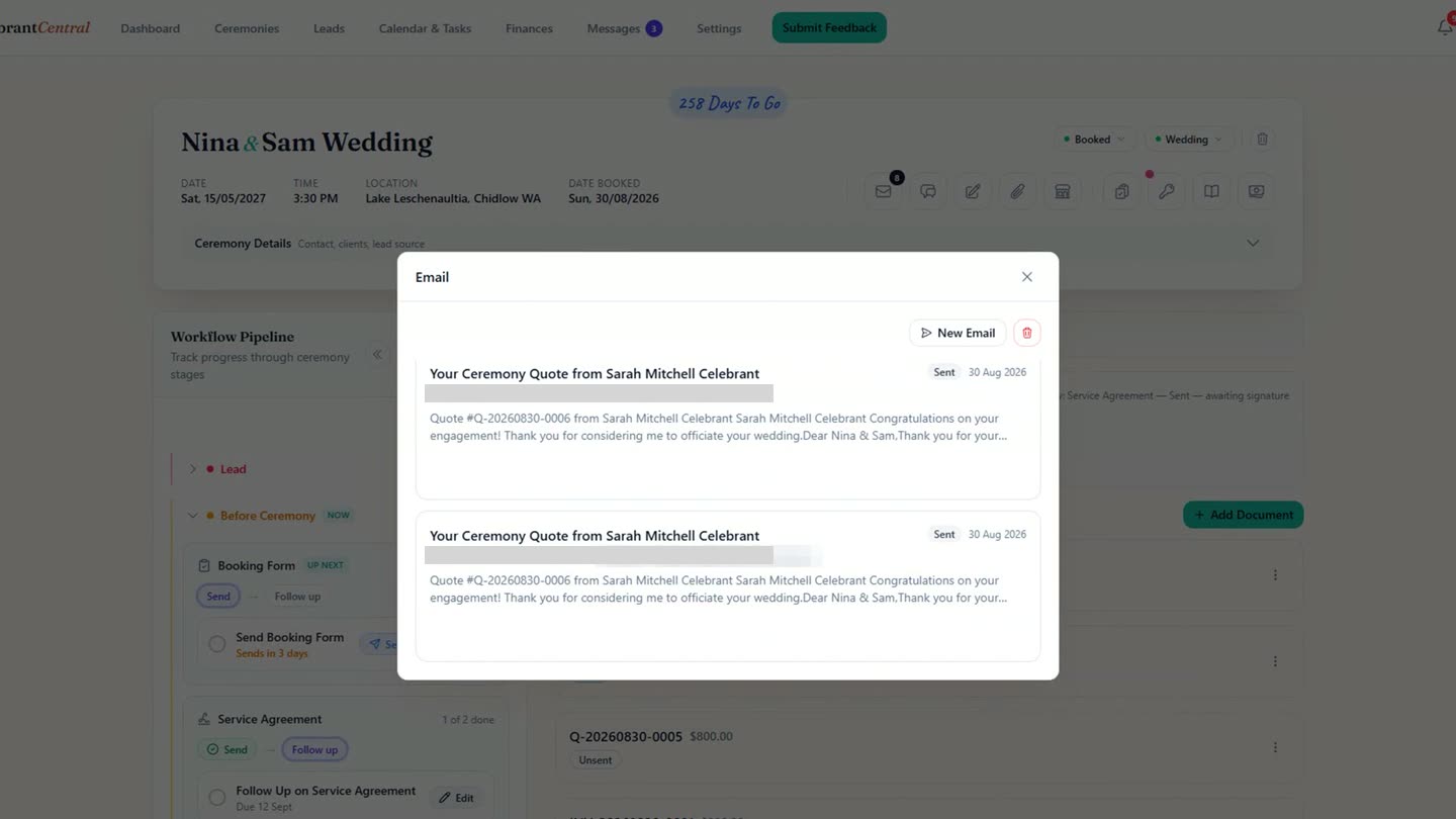 The Email panel on Nina and Sam's ceremony hub, showing two Your Ceremony Quote emails already sent, with the recipient addresses masked.
