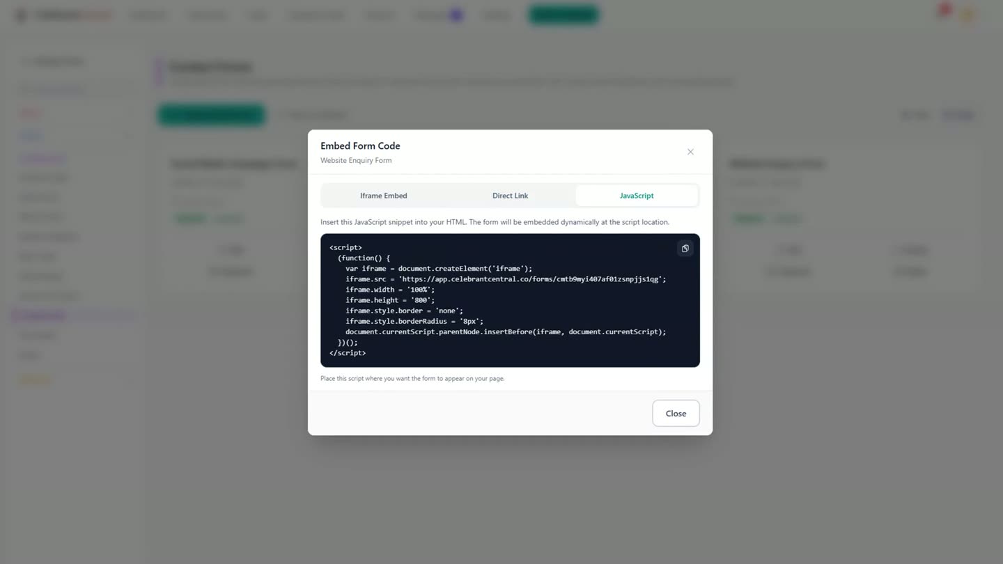 The Embed Form Code dialog for the Website Enquiry Form, showing the Iframe Embed, Direct Link and JavaScript tabs with a script snippet pointing at app.celebrantcentral.co/forms.