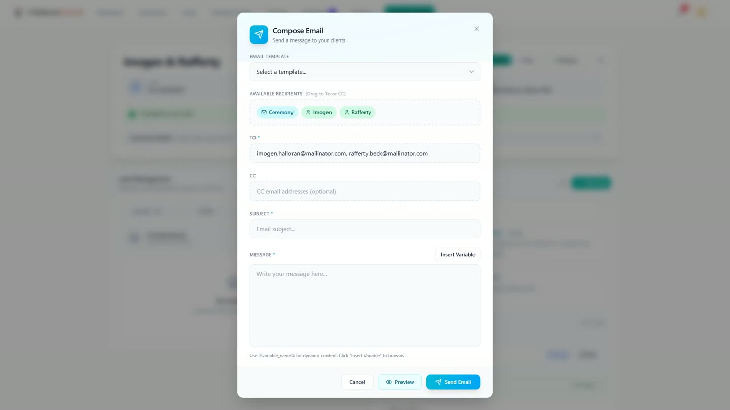 The Compose Email dialog in Celebrant Central, with both partners of a couple already added as recipients.