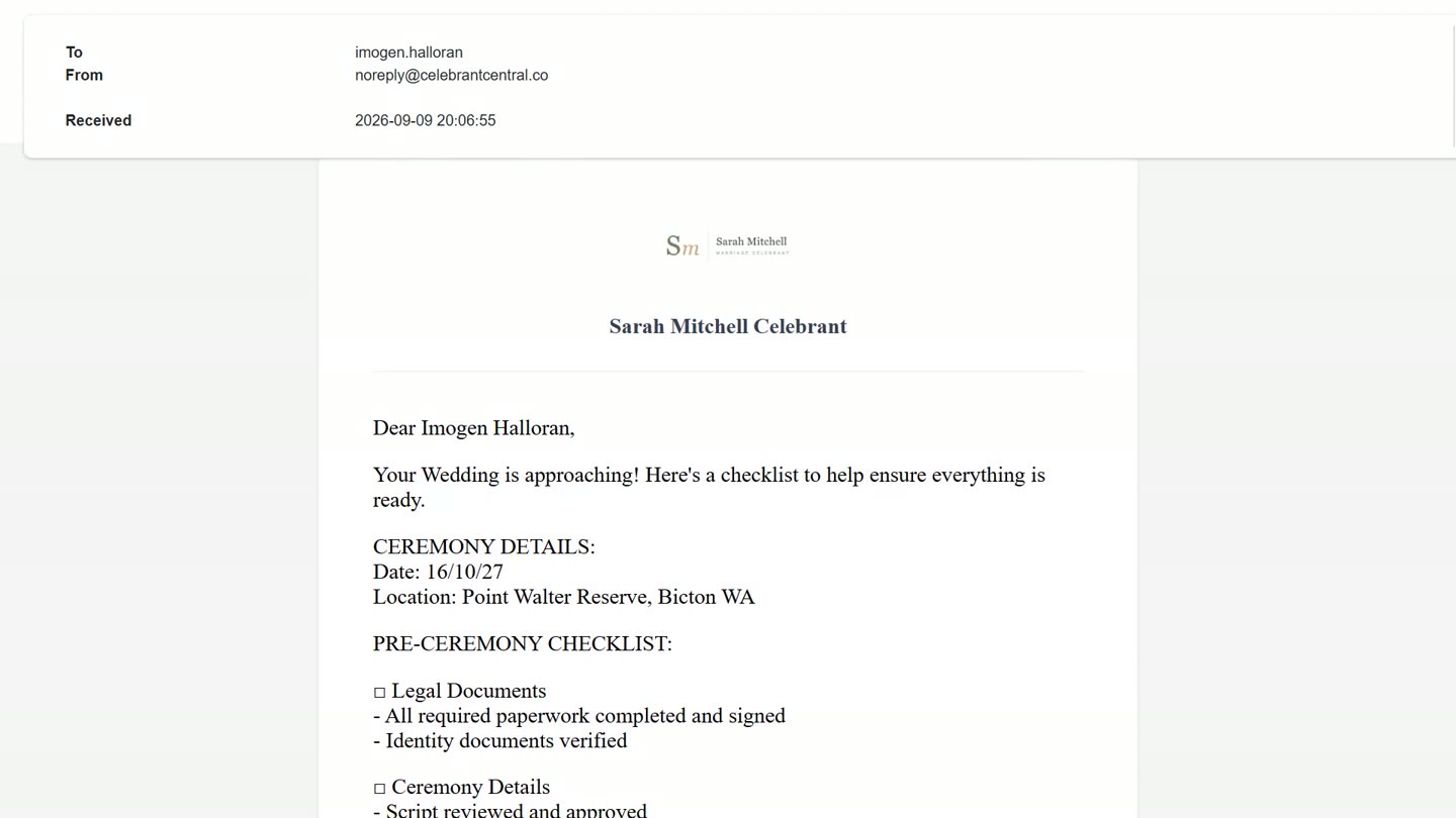 An email template as the couple receives it in their inbox, branded with the celebrant's business name and their ceremony's own date and venue already filled in.