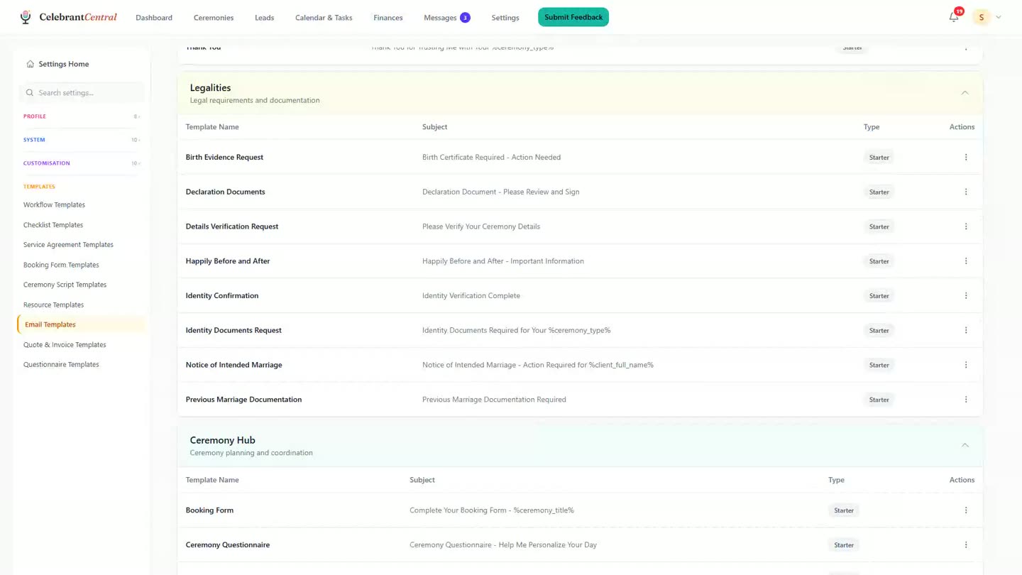The Legalities group of email templates in Settings, including templates for birth evidence, declarations, identity and the Notice of Intended Marriage.
