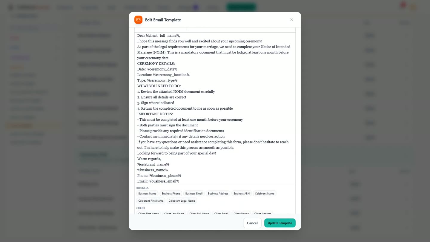 An email template open for editing in Celebrant Central, with a bank of merge field tokens for the business and the couple underneath the message.
