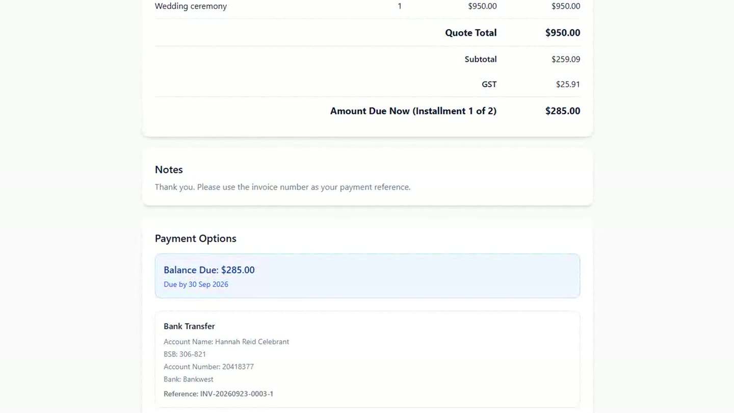 An invoice preview in Celebrant Central showing the amount due now, the bank transfer details, and the invoice number as the payment reference.