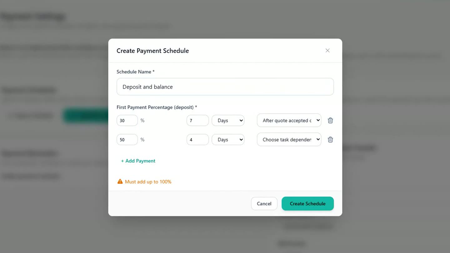 The Create Payment Schedule dialog in Celebrant Central, with a deposit percentage and days after quote acceptance, and a balance percentage and days before the ceremony.