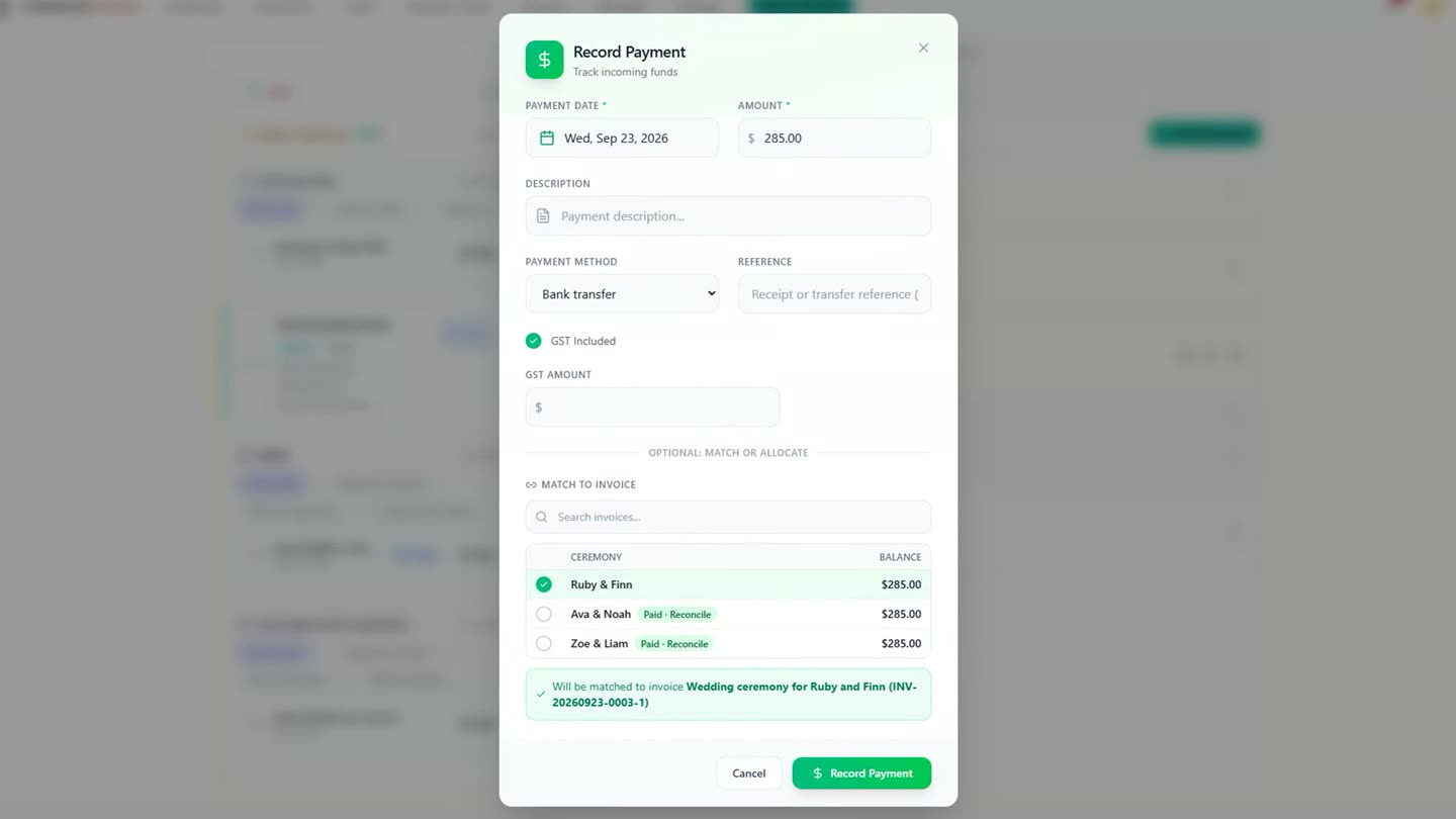 The Record Payment dialog in Celebrant Central, with the amount prefilled, bank transfer selected, and the payment matched to the couple's invoice.