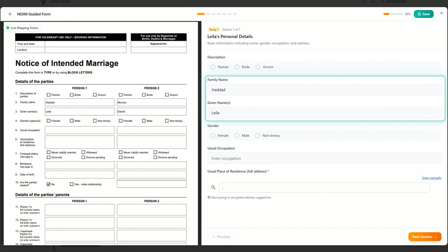 The Notice of Intended Marriage form in the couple's portal, with Leila's family name and given name already filled in from the booking.