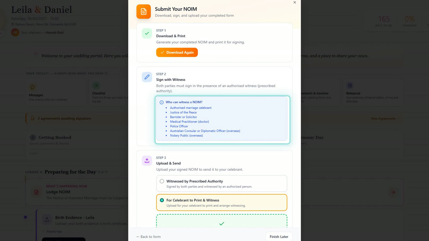 The app's list of who can witness a Notice of Intended Marriage: an authorised marriage celebrant, Justice of the Peace, barrister or solicitor, medical practitioner, police officer, or an Australian consular or diplomatic officer or notary public overseas.
