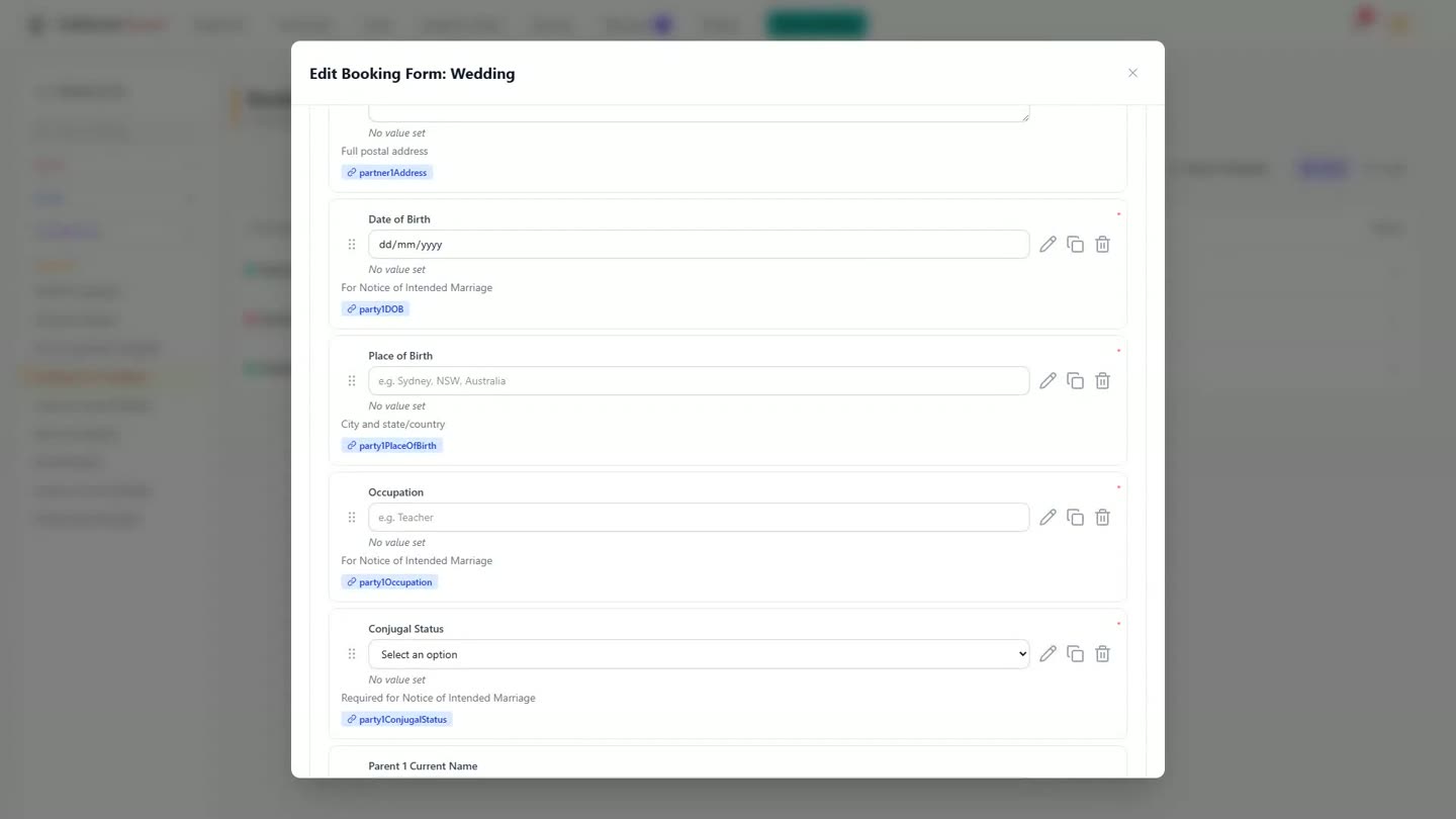 The Wedding Booking Form builder, with the Date of Birth and Occupation fields both showing the helper text 'For Notice of Intended Marriage'.
