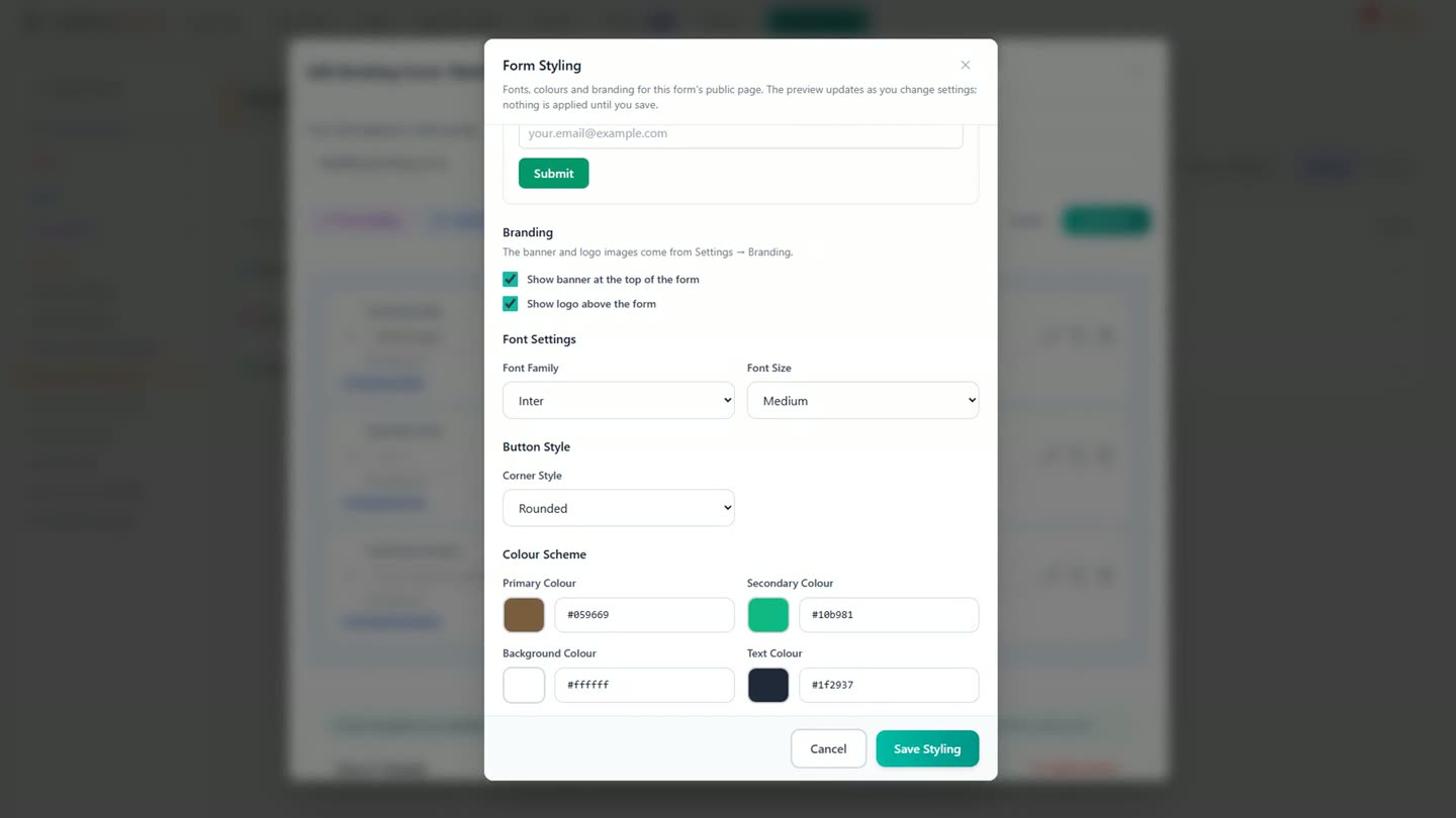 The Form Styling dialog, with font, button and colour scheme settings open above a live preview of the form.