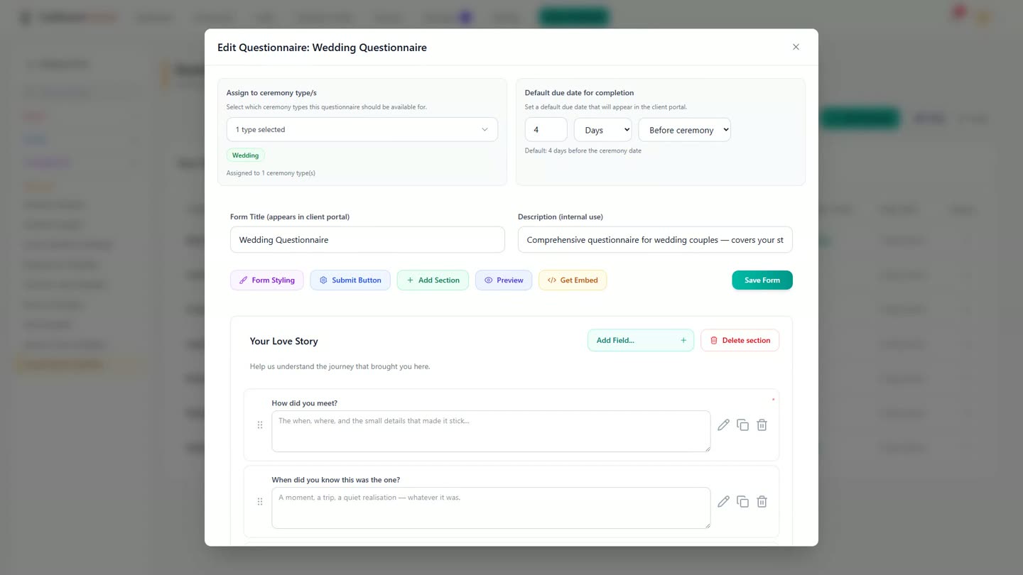 The Wedding Questionnaire builder in Celebrant Central, showing the Your Love Story section, its questions, and the default due date panel.