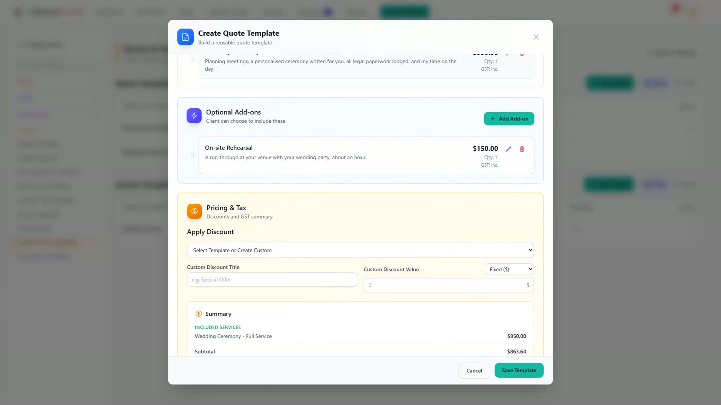The Optional Add-ons section of the quote template, with an On-site Rehearsal add-on priced at $150.00, marked as something the client can choose to include.