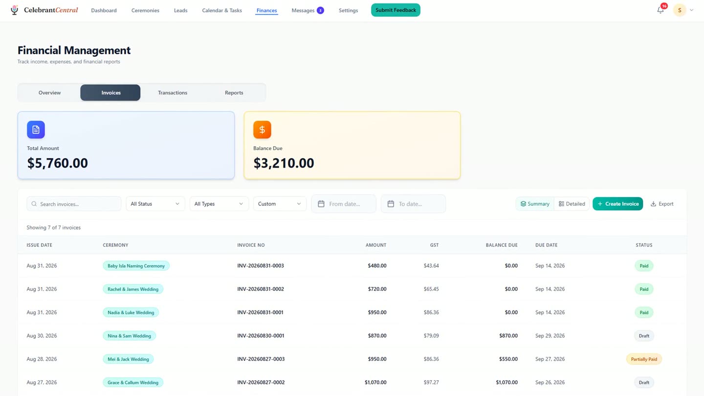 The Finances page in the real app, showing the Invoices register with columns for amount, GST and balance due, and a mix of Paid, Partially Paid and Draft statuses.