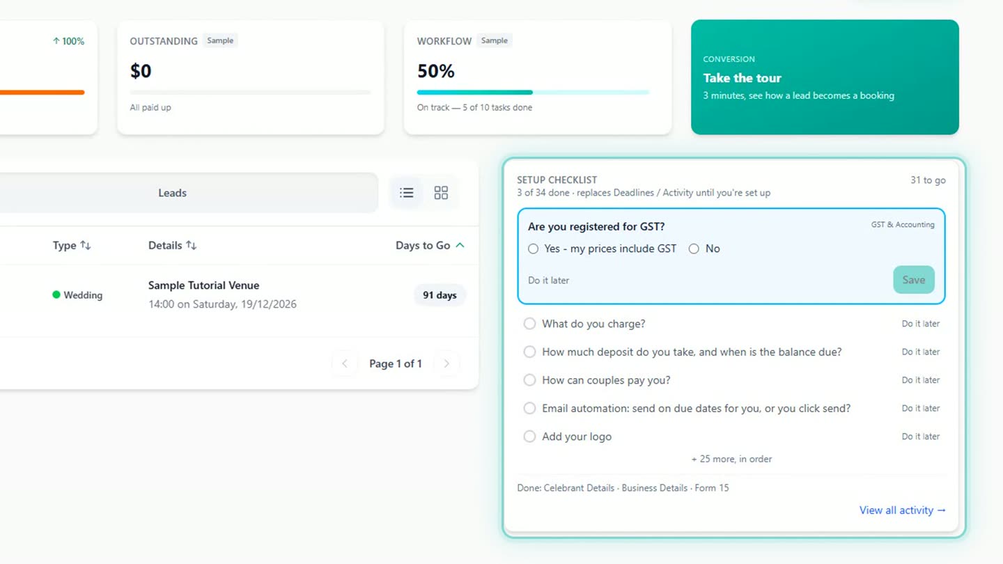 The setup checklist card on the Celebrant Central dashboard, with the GST question open and the rest of the checklist collapsed below it.