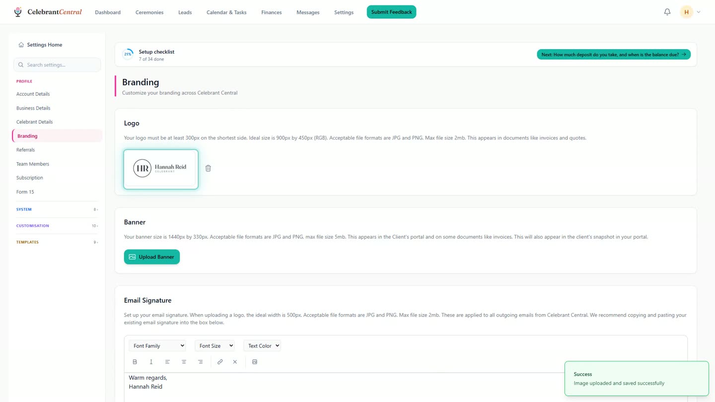The Branding page in Celebrant Central Settings, with a logo uploaded and a success toast confirming it saved.