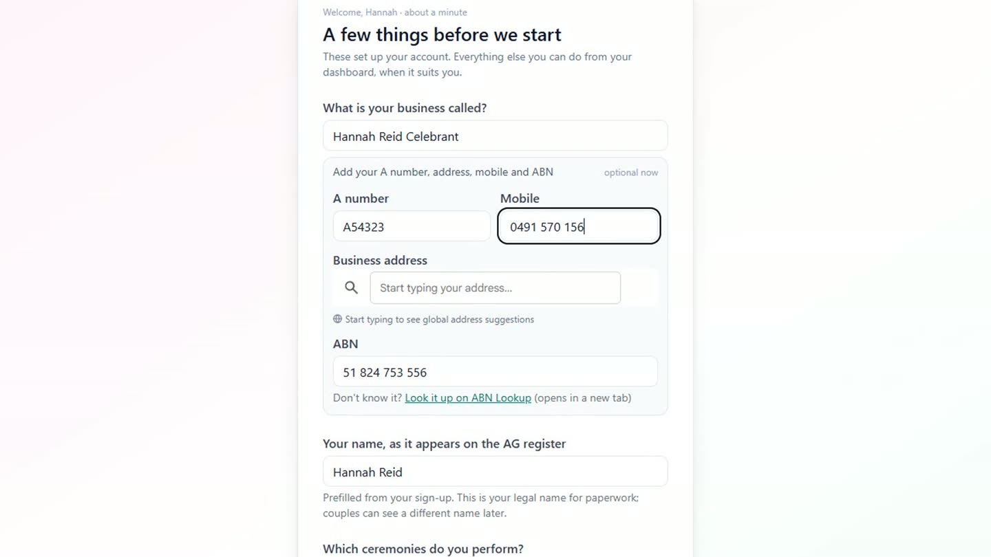 The first-login questions page in Celebrant Central, with business name, A number, mobile and ABN filled in.