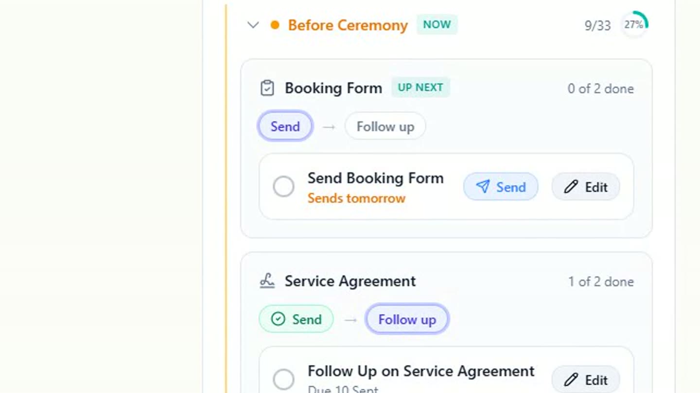 The Booking Form step in the workflow pipeline, marked Up Next, with the Send Booking Form task showing a Sends tomorrow badge.