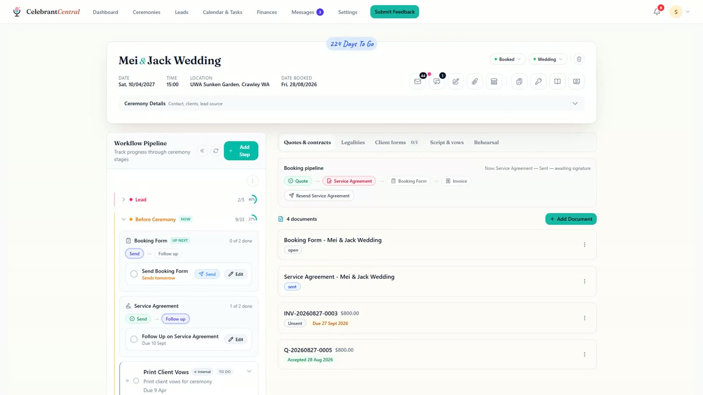 The Mei and Jack Wedding ceremony hub in Celebrant Central, showing the header, the workflow pipeline down the left, and the quotes and contracts tab on the right.
