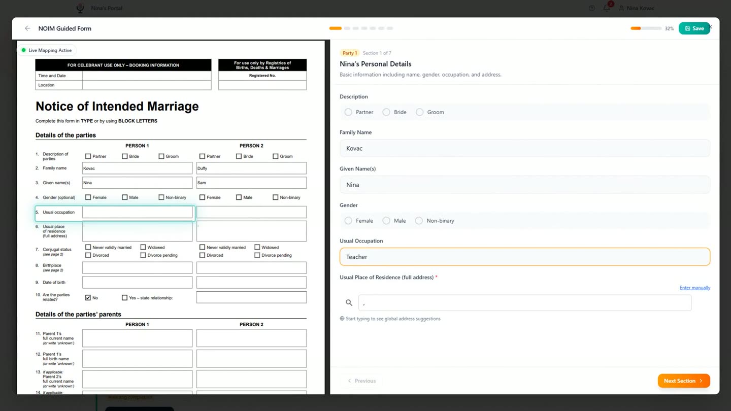 The couple's guided Notice of Intended Marriage form, with the real government form filling in on the left as a field is typed on the right.