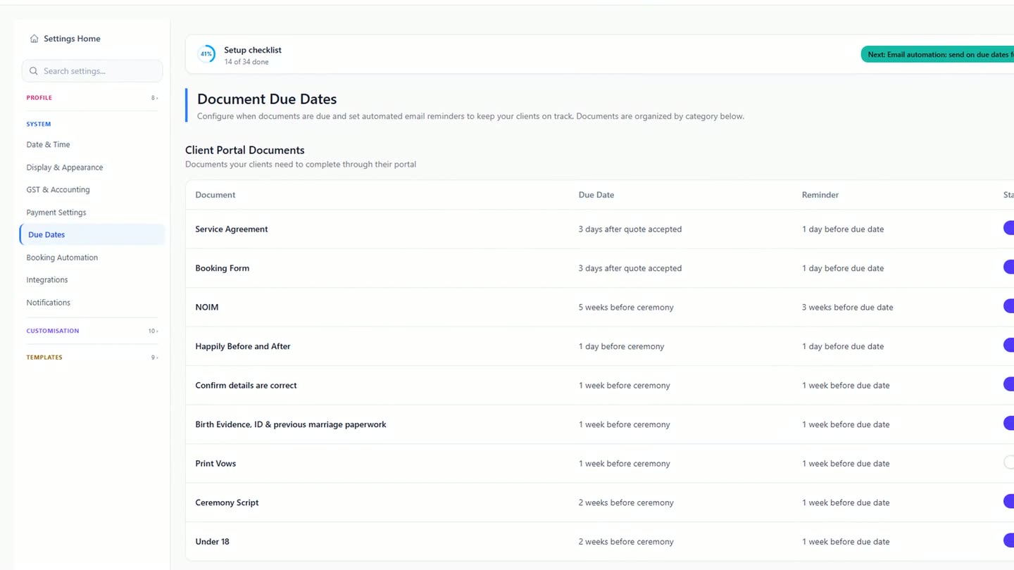 The Document Due Dates page in Celebrant Central's settings, listing each document with its due date, the Notice of Intended Marriage among them.