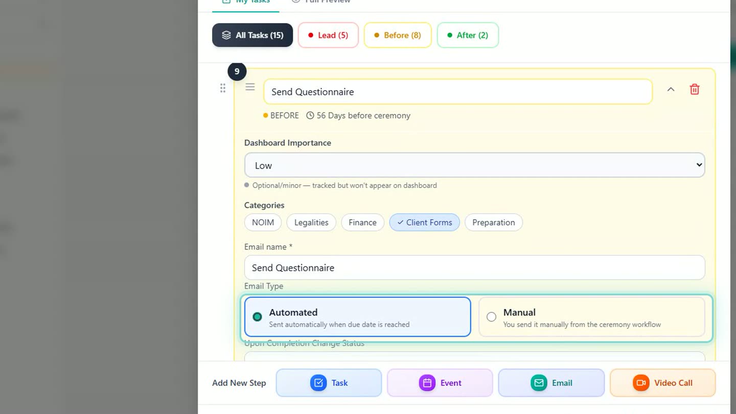 An email step in the workflow template editor, with Email Type set to Automated, sent when the due date is reached, beside Manual, sent by hand from the ceremony.