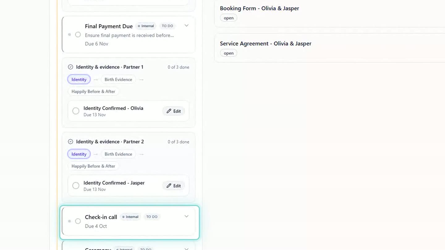 A new ceremony's workflow pipeline in Celebrant Central, with Final Payment Due on 6 Nov, two weeks before the wedding, and the new Check-in call step due on 4 Oct, ten days after the booking.