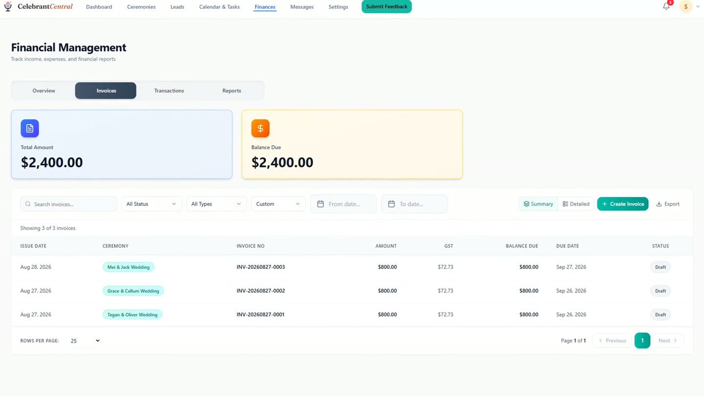 The Finances screen in Celebrant Central showing a new invoice raised automatically for Mei and Jack's wedding, alongside two other booked ceremonies.