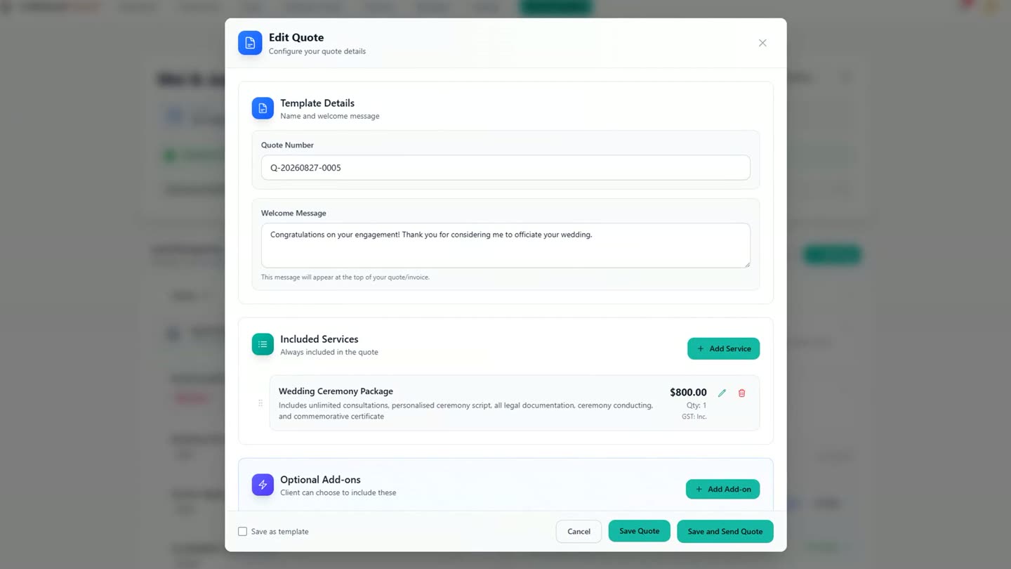 The quote editor in Celebrant Central showing Sarah's saved Wedding Ceremony Package at $800, with optional add-ons and a Save and Send Quote button.