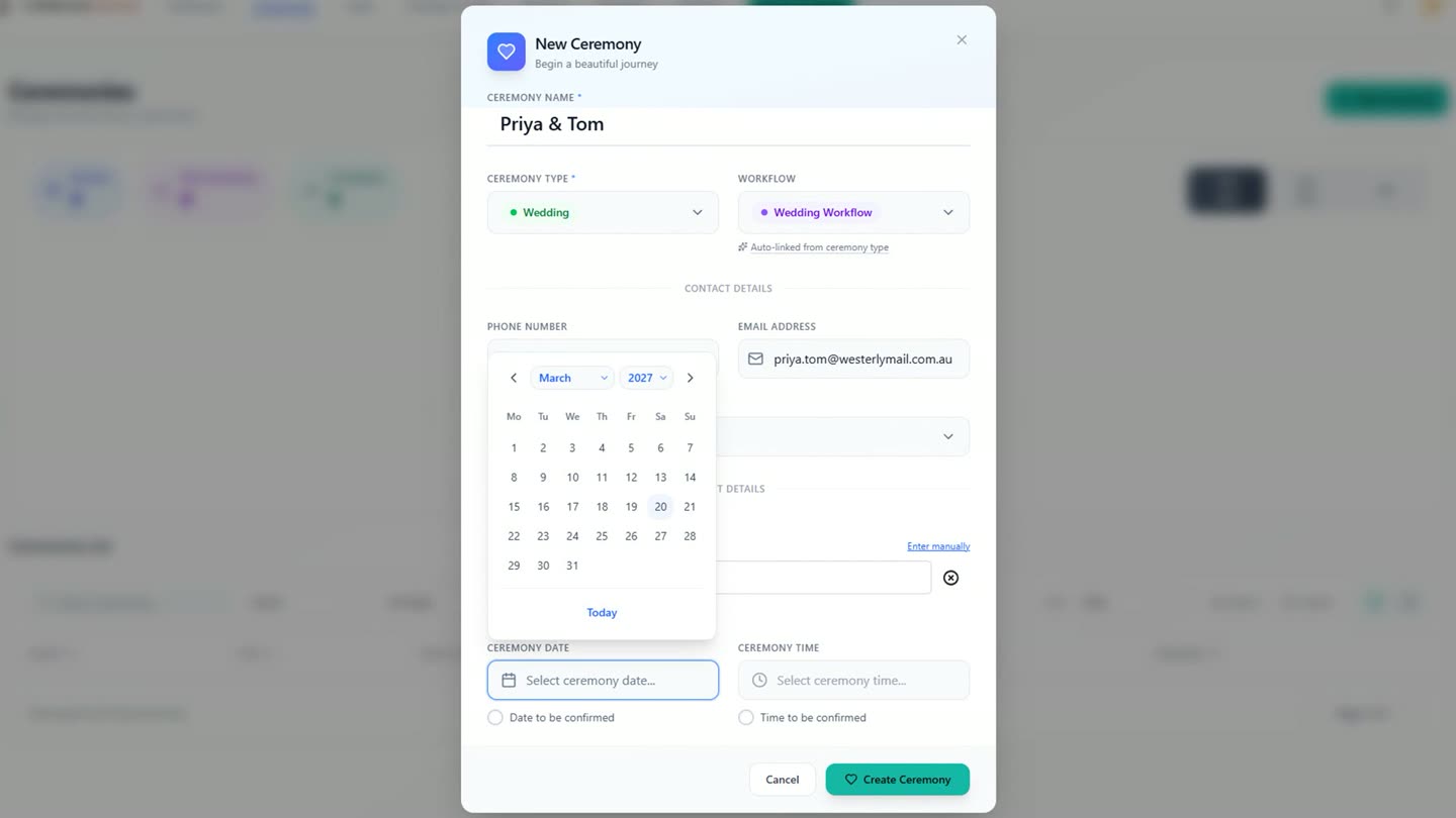 The New Ceremony form filled in with the couple's names, wedding type, workflow auto-linked, contact details, and the date picker open on March 2027 with the twentieth selected.