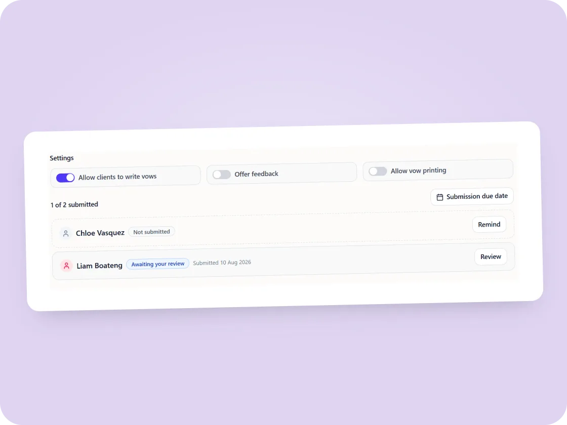 The script and vows area — clients allowed to write their own vows, one of two partners submitted, with remind and review controls