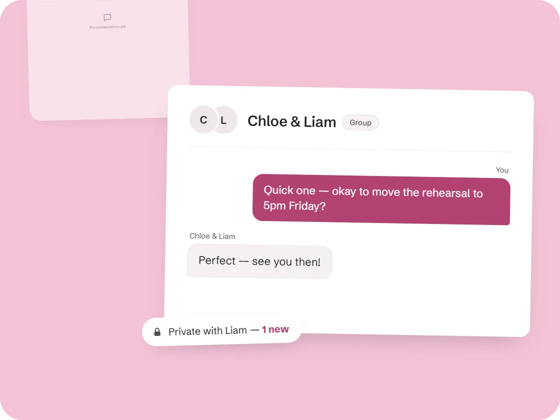 A ceremony's group message thread with a shared conversation and a private thread indicator
